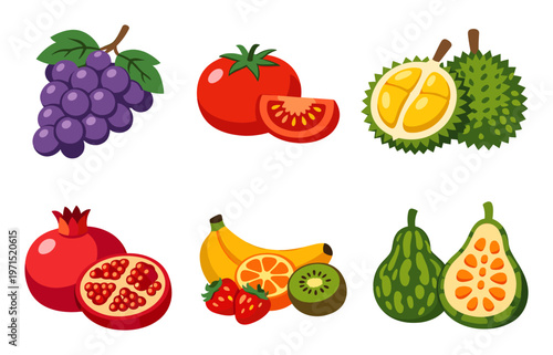Assortment of colorful fresh fruits and vegetables providing nutrition and promoting a balanced diet on a white background