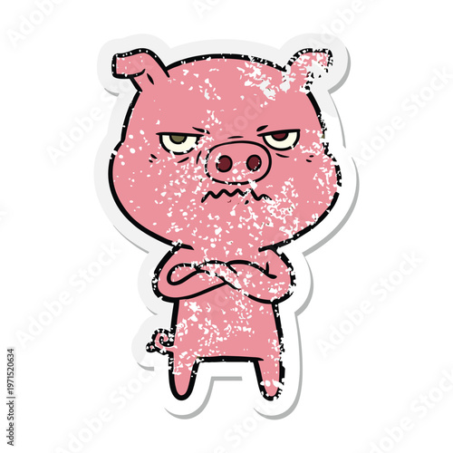 Distressed sticker of an angry cartoon pig with arms crossed and a grumpy expression on its face