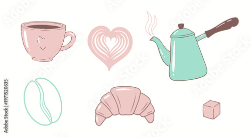 Pastel colored breakfast food items set.