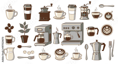 Coffee Cups and Brewing Equipment.