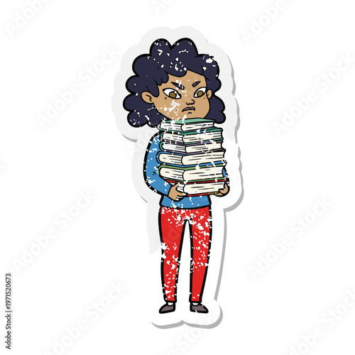 Distressed sticker of a cartoon girl with curly hair looking grumpy while carrying a stack of books.