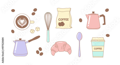 Colorful coffee related objects collection.