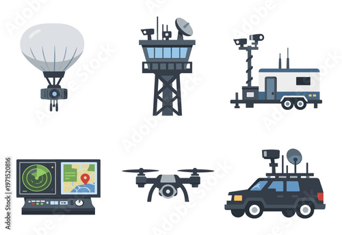 Various icons depicting surveillance and monitoring equipment for security, defense, and intelligence operations, including a drone and radar
