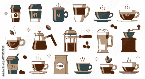Various coffee cups and brewers.