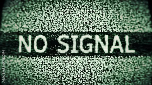 A television screen displays a static noise pattern with a black banner across the center showing the text NO SIGNAL.