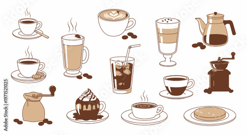 Variety of coffee drinks and desserts.