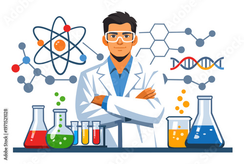 Scientist standing at a lab bench with beakers, test tubes, and scientific icons for research, discovery, and innovation