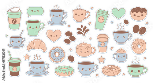 Colorful cartoon coffee and donuts.