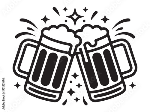 Vector illustration of two beer mugs clinking together with foam and sparkles