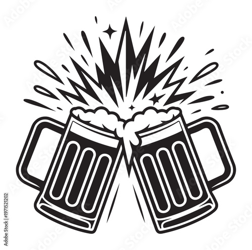 Vector illustration of two beer mugs clinking with explosion and foam isolated on white background