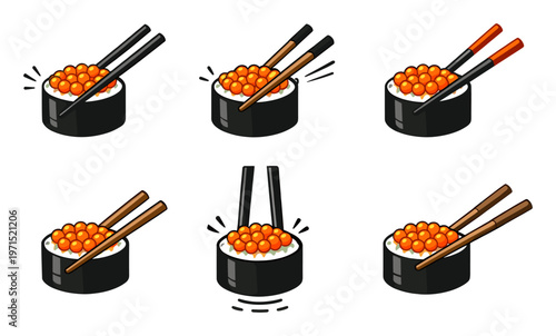 Sushi gunkan with vibrant ikura salmon roe and chopsticks set, illustrating Japanese cuisine and seafood appetizers