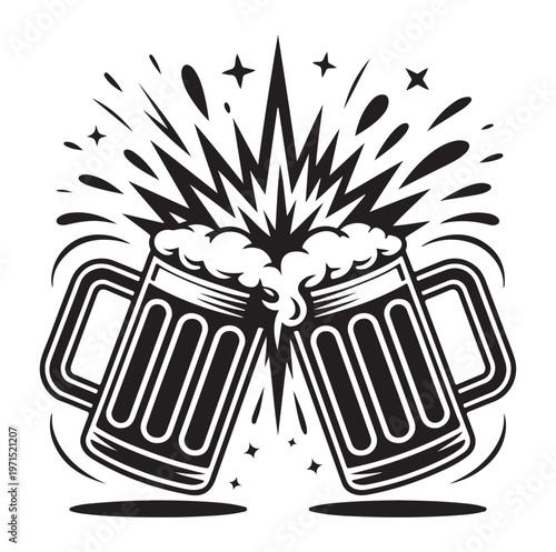 Two beer mugs clinking together with explosion and foam isolated on white background