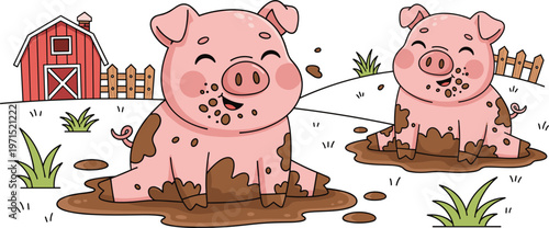 Two Cartoon Pigs Playing in Mud on Farm, Happy Farmyard Scene