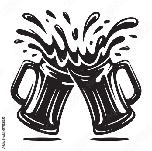 Vector illustration of two beer mugs clinking together with splashing foam isolated on white background