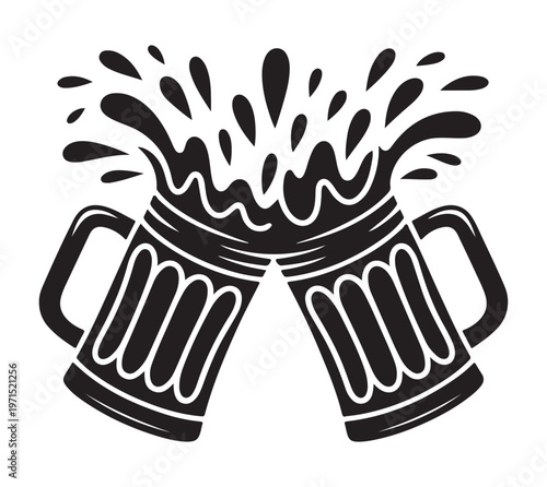 Two beer mugs clinking together with liquid splashing out isolated on white background