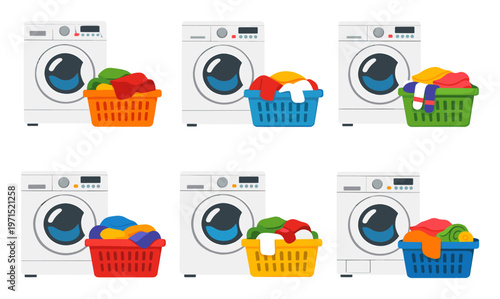 Washing machine with various colorful laundry baskets filled with dirty clothes, illustrating household duties and daily cleaning