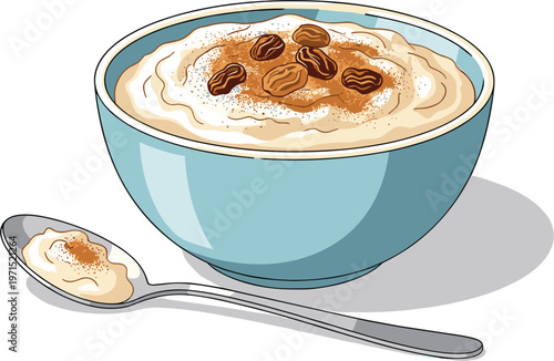 Warm Cinnamon Oatmeal with Raisins and Creamy Topping in Blue Bowl