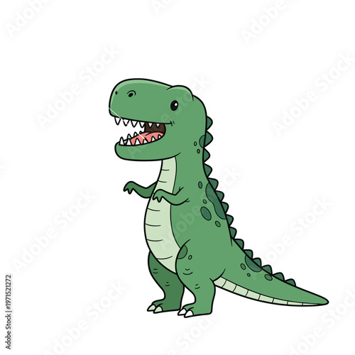 A cute green cartoon tyrannosaurus rex dinosaur standing with its mouth open on a white background.