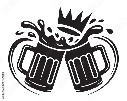 Black and white illustration of two beer mugs clinking with a crown and splashes
