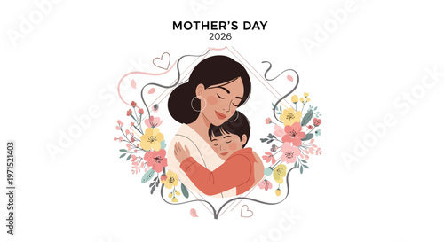 A heartwarming Mother's Day 2026 vector illustration featuring a loving mother embracing her child inside a floral wreath, presented in a modern greeting card style with a soft pink color