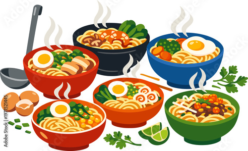 Assortment of hot ramen noodle bowls with steam, eggs, carrots, broccoli, shrimp, mushrooms, and pork belly
