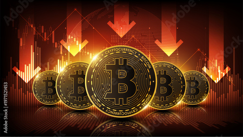 Bitcoin cryptocurrency coins with falling arrows and red chart showing price drop market decline and digital investment risk concept, vector illustration