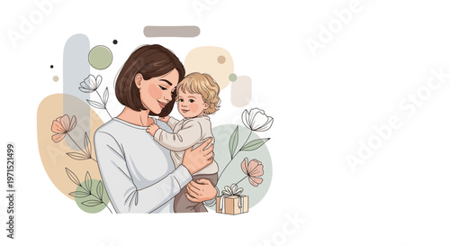 A heartwarming Mother's Day 2026 vector illustration features a loving mother embracing her baby, surrounded by pastel pink floral elements and gentle cartoon shapes, creating a tender