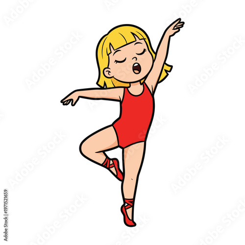 Young blonde girl in a red leotard performing a ballet dance move with her eyes closed