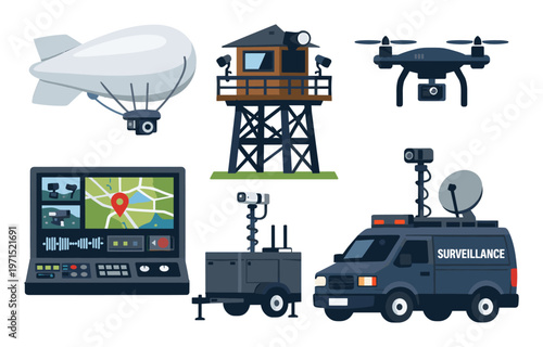 Security systems for remote monitoring, featuring various surveillance technologies and a central control unit displaying location data