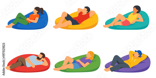 Diverse people lying and resting on soft, cozy, and vibrant beanbag furniture, enjoying leisure time and comfort
