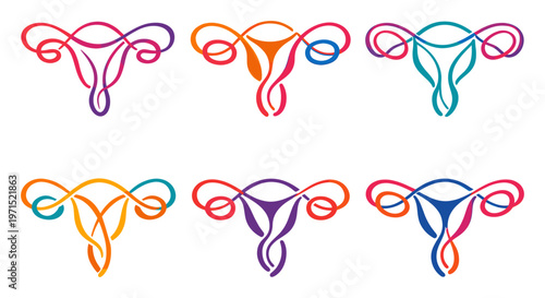 Colorful uterus icons creatively representing women's reproductive health, fertility, and well-being