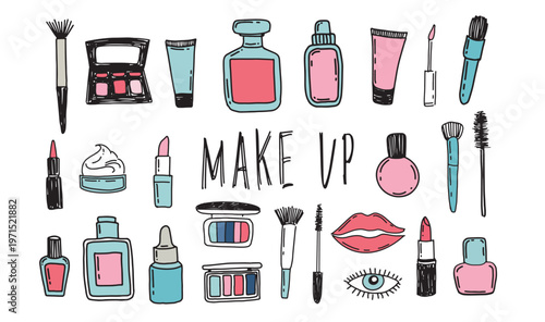 Beauty cosmetics and make up doodle icons. Hand drawn vector fashion sketch.