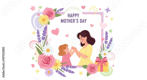 A flat vector illustration shows a mother and child sharing a tender moment within a floral frame, designed for Mother's Day 2026, featuring pink and purple flowers, hearts, and cartoon