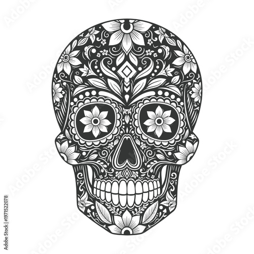 Intricate black and white sugar skull design with floral patterns for day of the dead celebration.