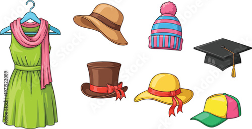 Clothing and hats collection with dress on hanger graduation cap and various headwear fashion vector illustration set
