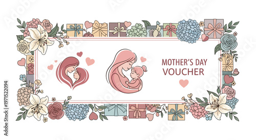 A floral Mother's Day 2026 gift voucher template displays mom and child moments in a modern greeting card design, framed by a colorful border of flowers, hearts, presents, and cartoon icons