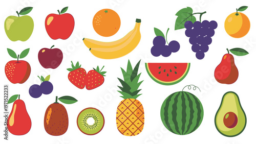 Flat lay illustration of various colorful fruits on a clean white background with a vibrant and healthy mood.