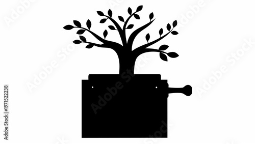 Black silhouette of a tree growing out of a jack in the box on a white background symbolizing growth and surprise