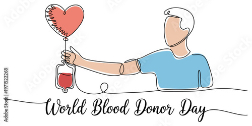 A single line drawing of a person donating blood for the annual world blood donor day event. Vector, illustration