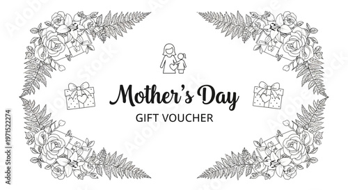 Minimalist vector illustration showcasing a Mother's Day gift voucher template with floral borders, presenting a cute cartoon icon of a mother embracing her child, designed with pink