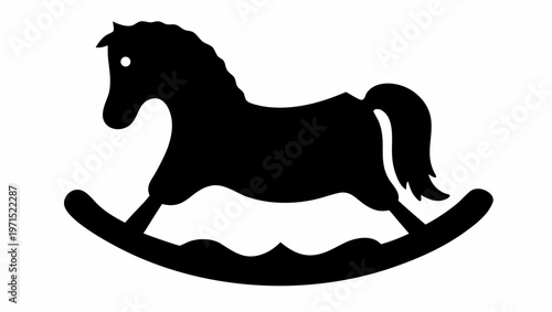 Black silhouette of a rocking horse toy on a white background symbolizing childhood and playfulness in a minimalist style