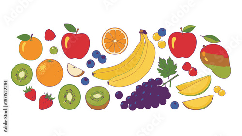 Colorful flat lay composition of various fresh fruits on a clean white background.