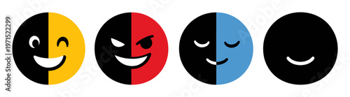 Colorful emoticons show different personalities from joyful to dark and calm, symbolizing emotion change and mental balance themes