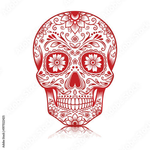 Intricate red and white sugar skull design with floral patterns for day of the dead celebration