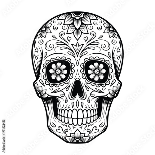 Intricate black and white sugar skull illustration with traditional floral patterns and designs