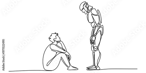 A single continuous line drawing of a person sitting and looking up at a standing robot figure Vector, illustration