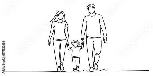 A single continuous line drawing of a mother father and child walking together holding hands Vector, illustration