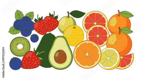 Flat lay of various colorful fruits including oranges, lemons, avocados, and berries on a clean white background.