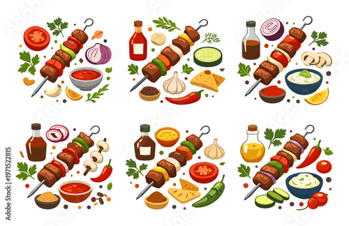 Kebab shish skewers with various grilled meat and vegetables surrounded by fresh ingredients, spices, and sauces, creating a delicious food concept