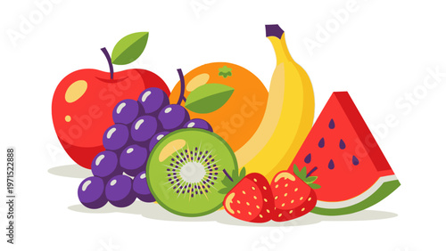 Colorful flat lay of assorted fresh fruits including apple, grapes, kiwi, orange, banana, strawberries, and watermelon slice on white background.